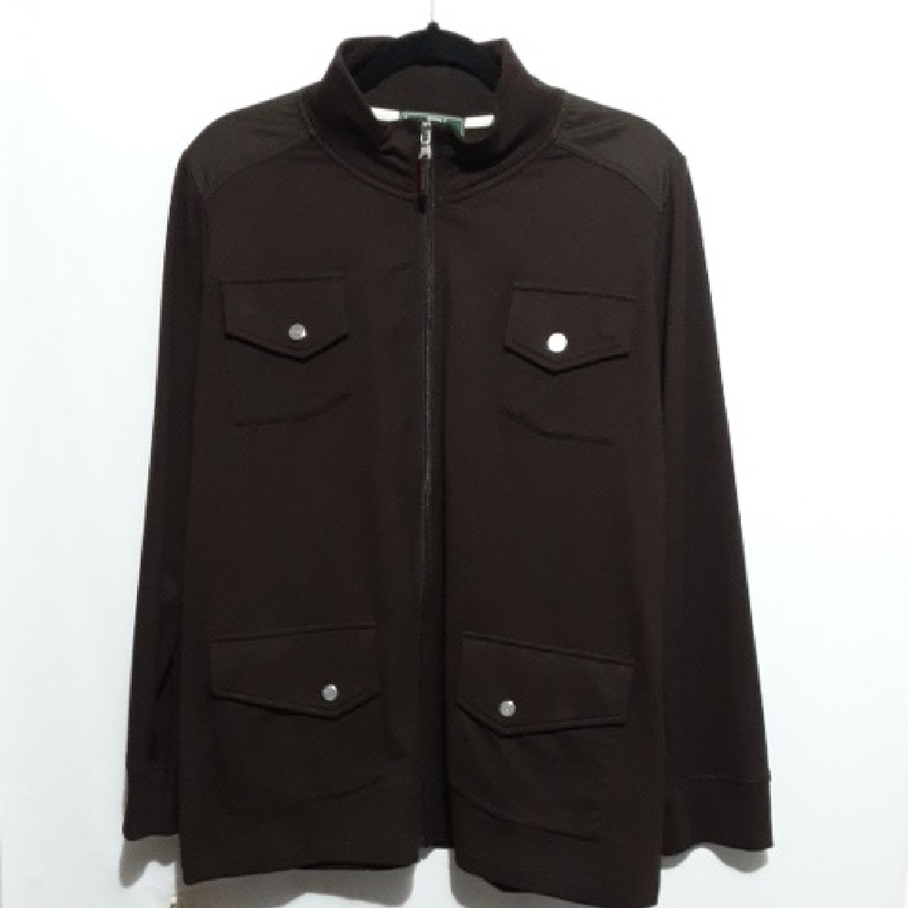 L-RL LAUREN ACTIVE Brown Knit Cargo Utility Jacket